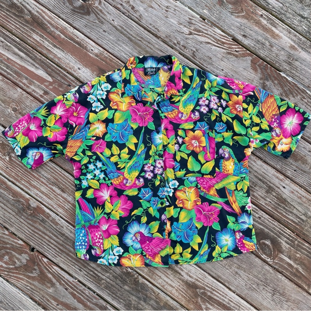Vintage Multicolor Tropical Print Hawaiian Shirt, Floral & Parrots, Jimmy Buffet